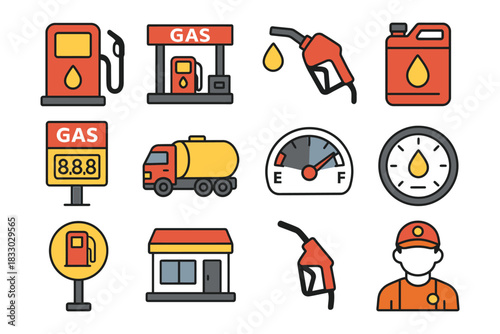 Colorful gas station icons collection with fuel pump and tanker illustrations.