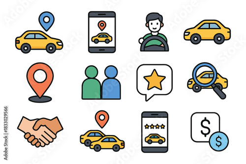 Car sharing and ride-hailing icons: vehicles, gps, ratings, and mobile apps.