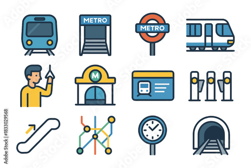 Metro and public transport icons set: train, ticket, map, tunnel.