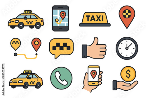Colorful taxi service icons with cars and gps elements for transport apps.
