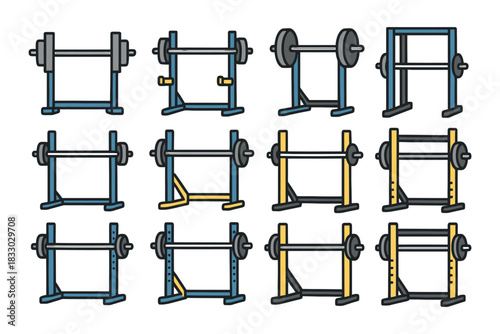 Variety of squat racks with barbells in gym setting.