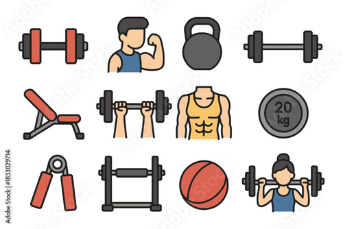 Fitness icons: weightlifting, dumbbells, kettlebell, workout bench, exercise ball.