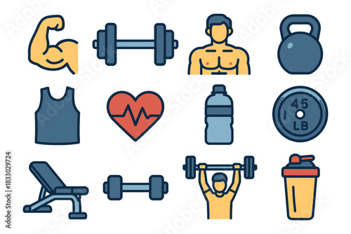 Fitness icons: gym equipment, workout elements, and healthy lifestyle symbols.
