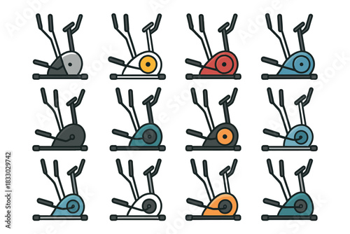 Colorful row of elliptical machines set against white background.
