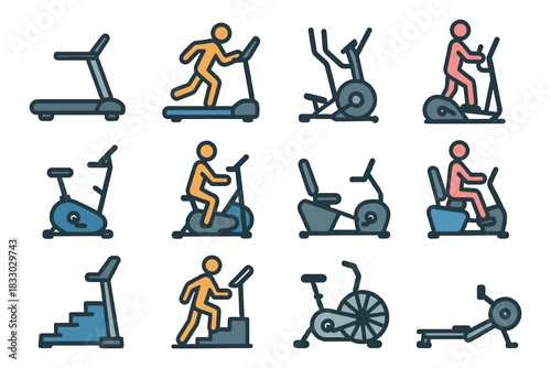 Colorful gym equipment icons depicting exercise machines and activities.