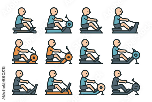 Cartoon male figures exercising on rowing machines.