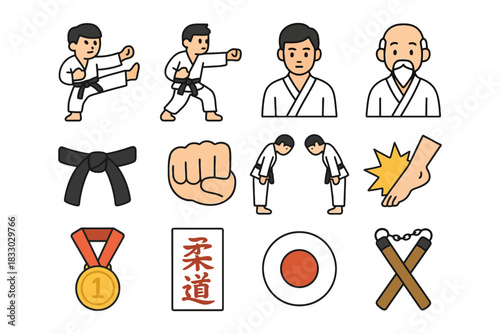 Martial arts icons: karate training, uniforms, and symbols.