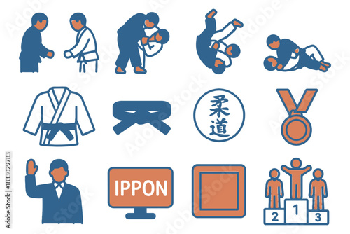 Martial arts symbols: judo techniques and icons.