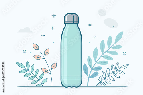 Reusable Metal Water Bottle Illustration with Botanical Elements 