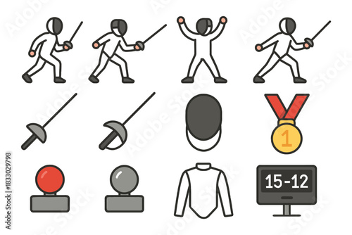 Fencing icon set: fencers, swords, protective gear, scoreboard, medal.