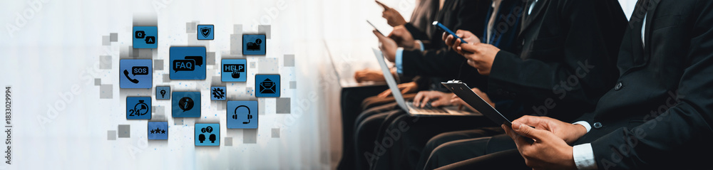 Fototapeta premium FAQ and online help icons show question, answer, and support system. FAQ improves online help experience, customer service quality, and FAQ knowledge access. Entice