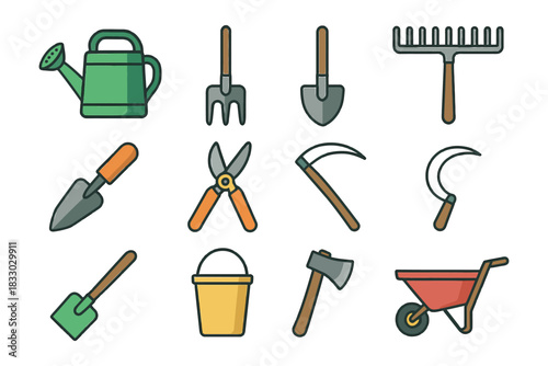Collection of essential gardening tools and equipment icons.
