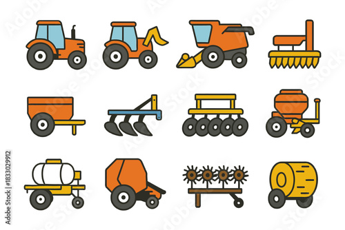 Colorful farm machinery icons set featuring tractors, harvesters, and agricultural equipment.