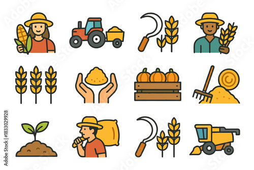Cartoon farming icons: male farmer, female farmer, equipment, crops, harvest.