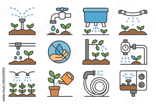 Diverse plant irrigation methods illustrated with icons for efficient watering solutions.