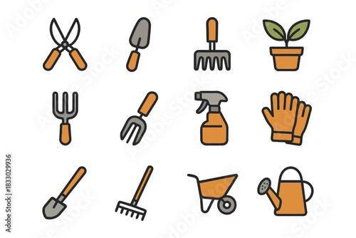Colorful garden tools and potted plant icons for horticulture enthusiasts.