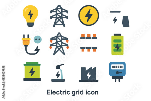 Electric grid icons: power supply, energy, electricity, infrastructure, plug.