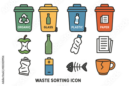 Colorful waste sorting icons for organic, glass, plastic, and paper recycling.