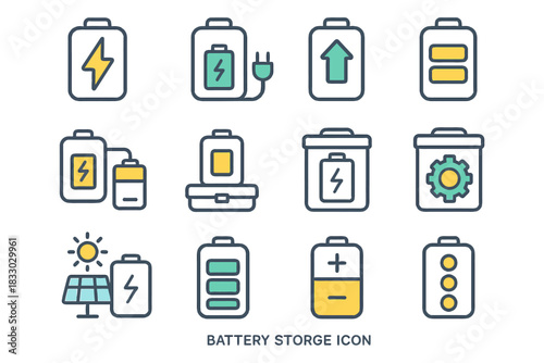Colorful battery storage icons collection with various energy symbols.