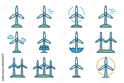 Various wind turbine icon set representing renewable energy concepts.