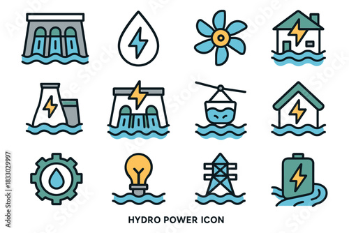 Hydro power icons set: dams, energy, water, and renewable symbols.