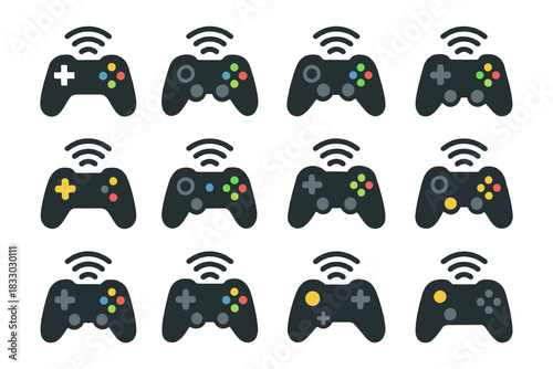 Set of diverse wireless game controllers with various button layouts.