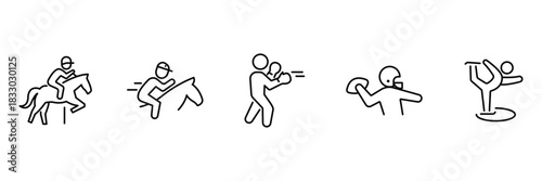 Horse jumping, horse racing, rugby run, American football throw, ice skating icon vector illustration for sports activity use.