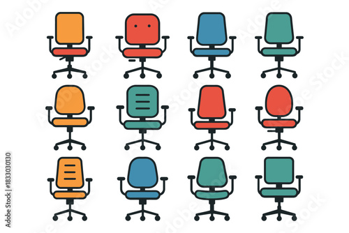 Colorful office chairs collection with diverse shapes and styles.