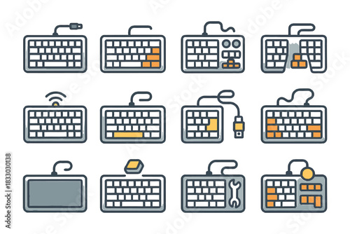 Variety of computer keyboards with cables and wireless options.