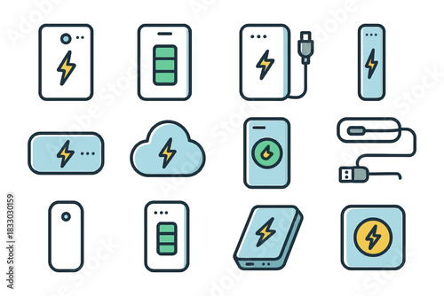 Variety of portable power bank icons with charging symbols and cables.