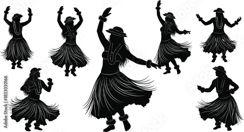 Set of Hawaiian hula dancer silhouettes, traditional women dancing in grass skirts, Polynesian performance art, black vector illustration, isolated tropical party icons.