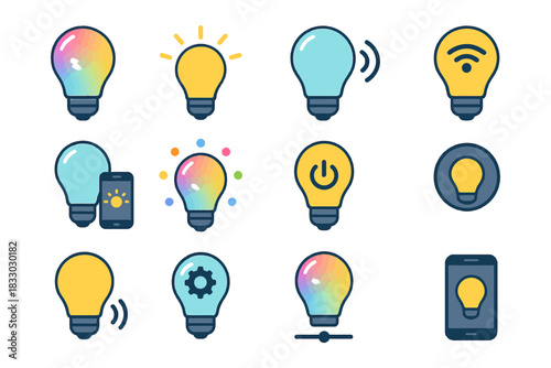 Smart light bulb icons with various functions and connectivity features.