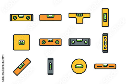 Set of various colorful spirit level icons in different shapes.