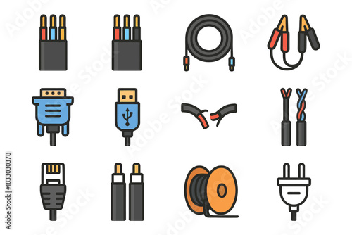 Set of various cables and connectors in flat design icons.