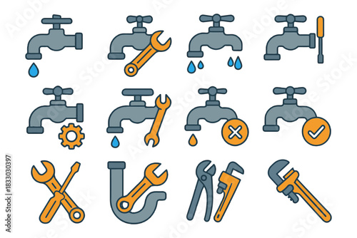 Plumbing tools and taps icon set: wrench, faucet, pliers, pipe, screwdriver.