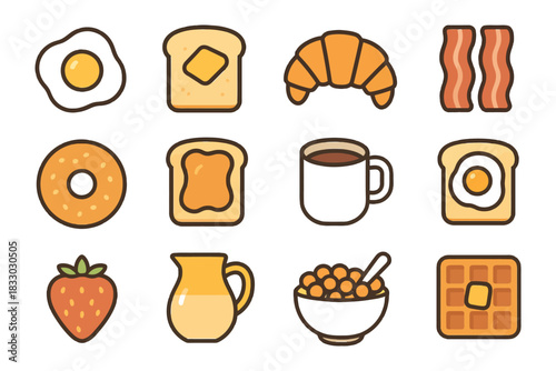 Breakfast icons: eggs, toast, croissant, bacon, donut, coffee, strawberry, cereal, waffle.