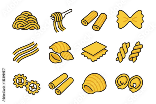 Variety of pasta shapes: spaghetti, rigatoni, farfalle, fusilli and more.