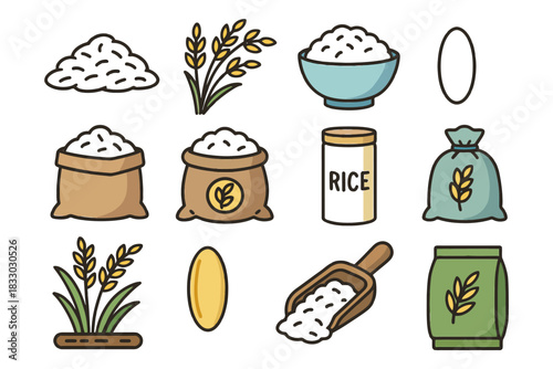 Various icons of rice and grains with bowls and bags.