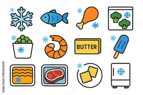 Collection of frozen food icons: fish, chicken, vegetables, ice cream, butter.