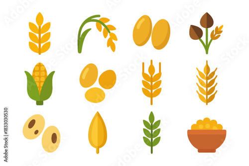 Various grain and cereal icons - wheat, corn, rice, oats, soybeans, barley, lentils.