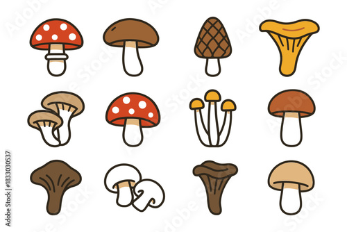 Variety of colorful cartoon mushrooms.