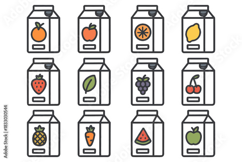 Assorted juice boxes with fruit icons in a simple design.