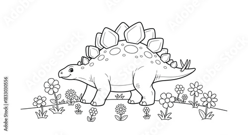 Cute Stegosaurus Dinosaur Walking in Flower Field Coloring Page