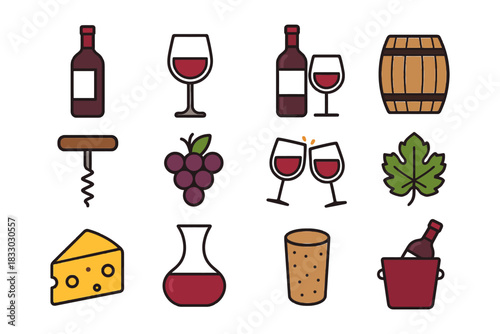 Wine icons: bottle, glass, grapes, barrel, corkscrew, cheese, leaf, decanter, bucket.