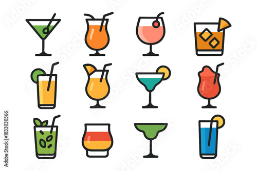 Colorful assortment of iconic cocktails and drinks with garnishes.