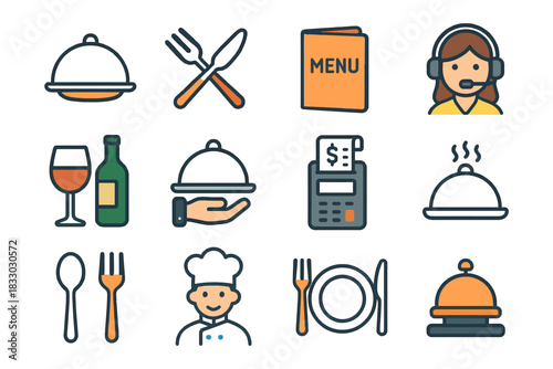 Restaurant icons set: food service, chef, menu, wine, dining utensils.