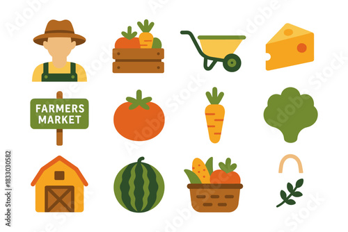 Farmers market icons: produce, tools, and signs.