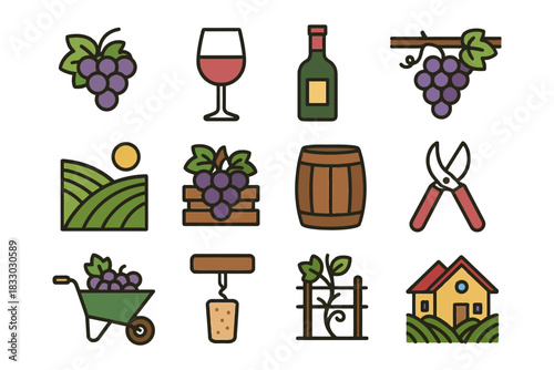 Colorful vineyard icons featuring grapes, wine, and farming tools.