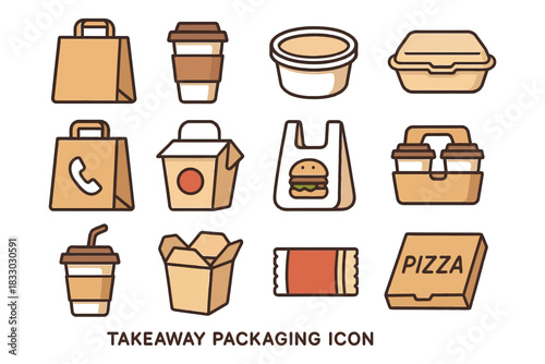 Takeaway packaging icon set: cups, boxes, bags, pizza, burger.