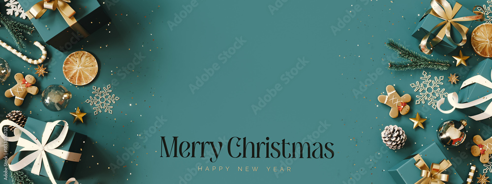 Naklejka premium Christmas decoration with Christmas presents on green background with copy space and text. Christmas banner design. 3D Rendering, 3D Illustration